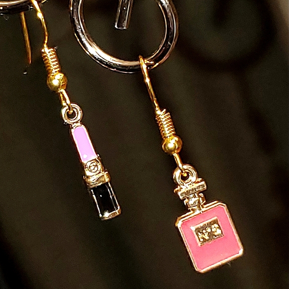 Rose Red series asymmetrical enamel & alloy charm earrings. Pair #1. - Picture 2 of 3